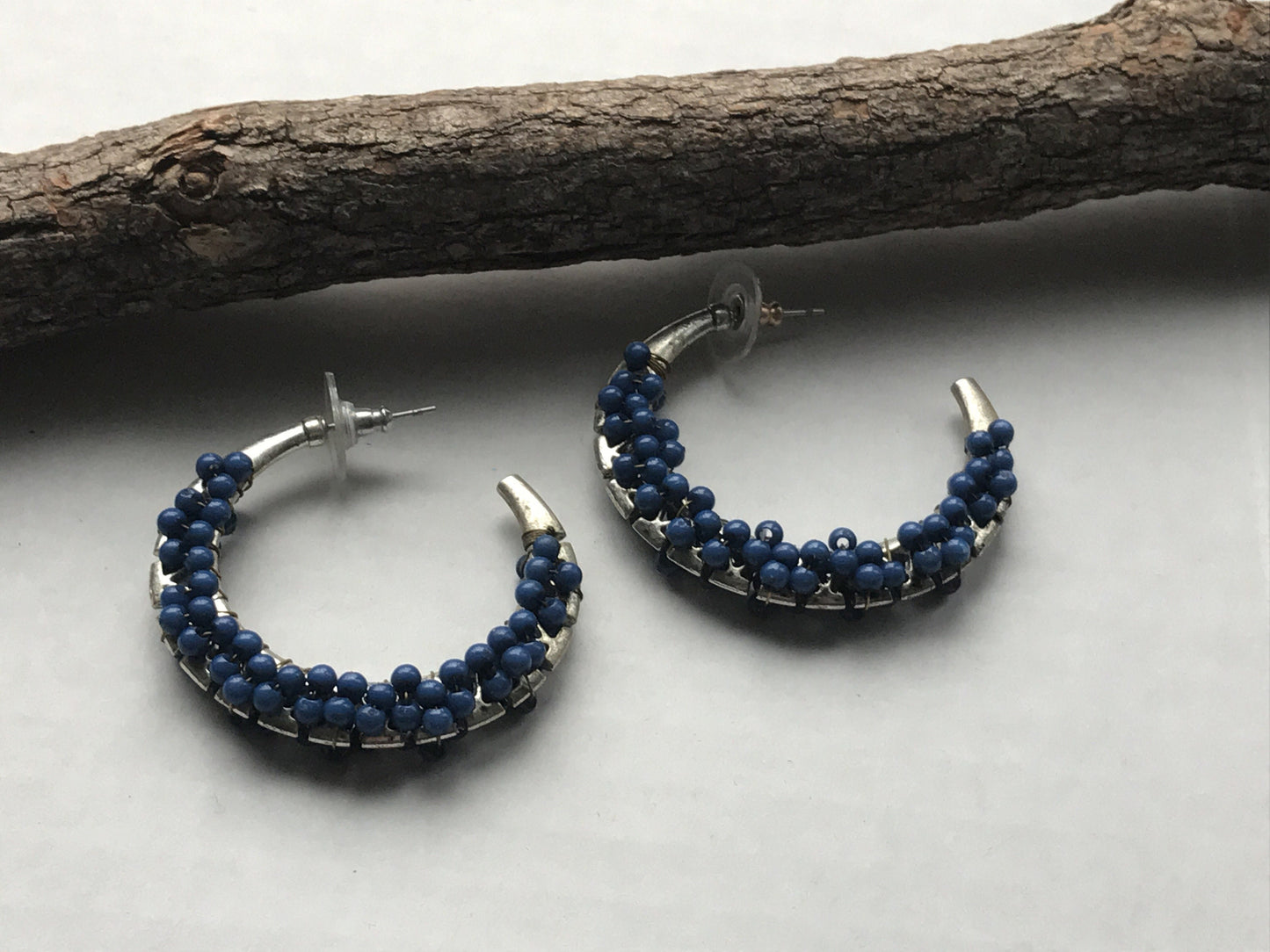 Unique vintage artisan beaded hoop earrings - blue semi precious stones