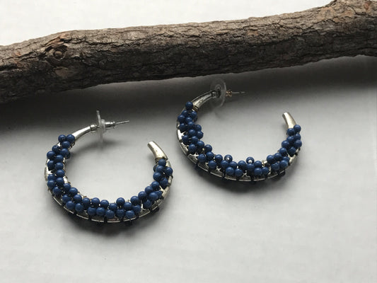 Unique vintage artisan beaded hoop earrings - blue semi precious stones