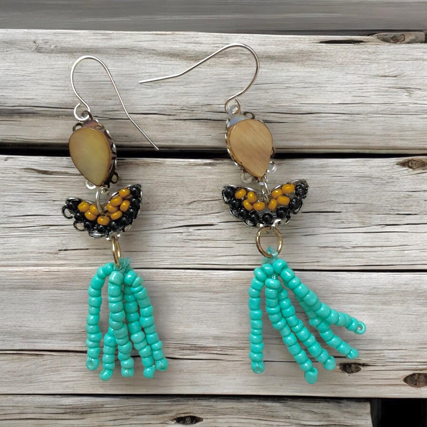 Handmade mixed material earrings - Mustard yellow teardrops with black and mustard glass seed beads and turquoise beaded dangles