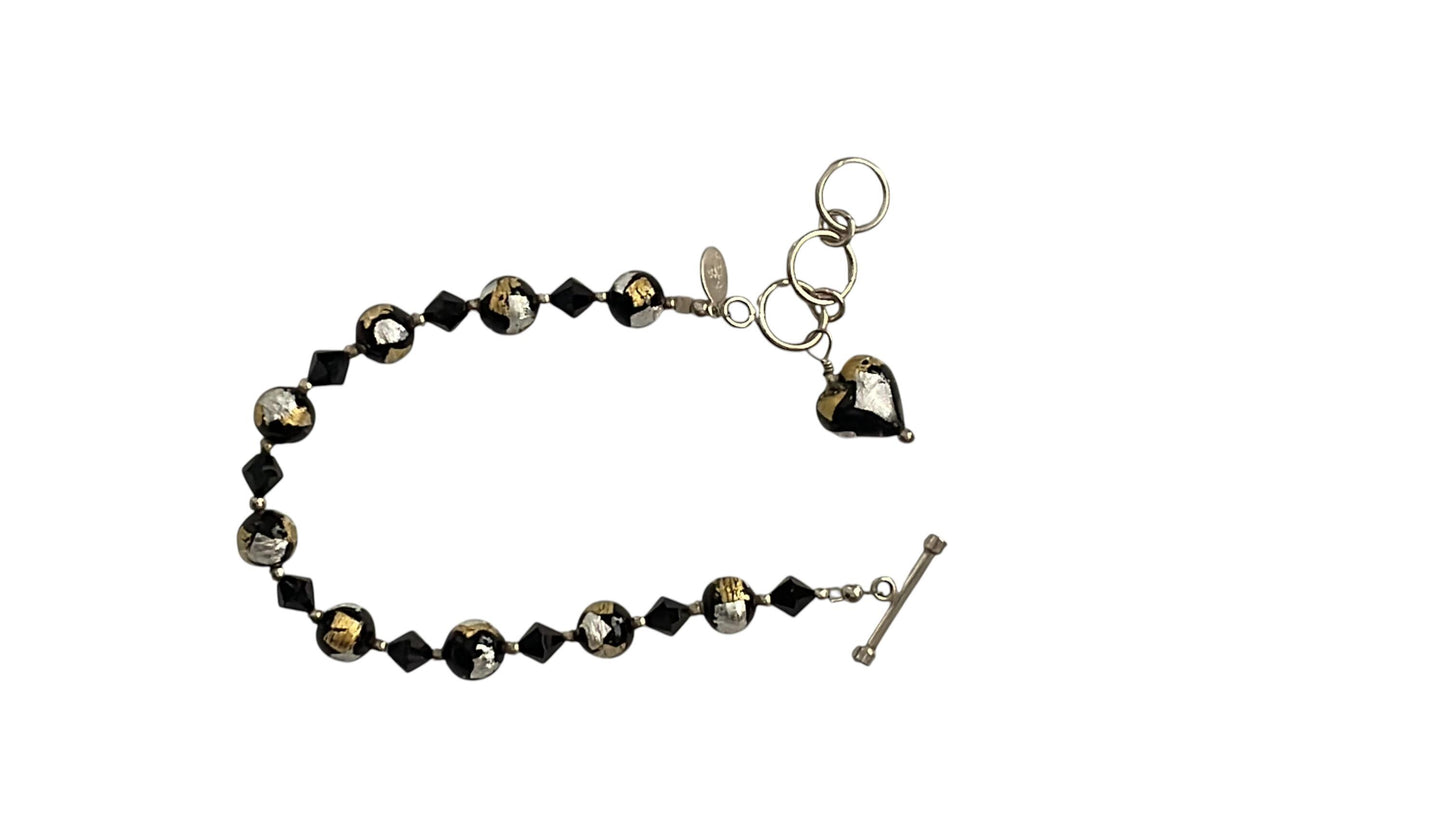 Vintage Lucky Clover brand Murano Glass Bracelet Black Gold Silver Foil Beads, Adjustable 7-8 Inch,m Italian Art Glass Jewelry