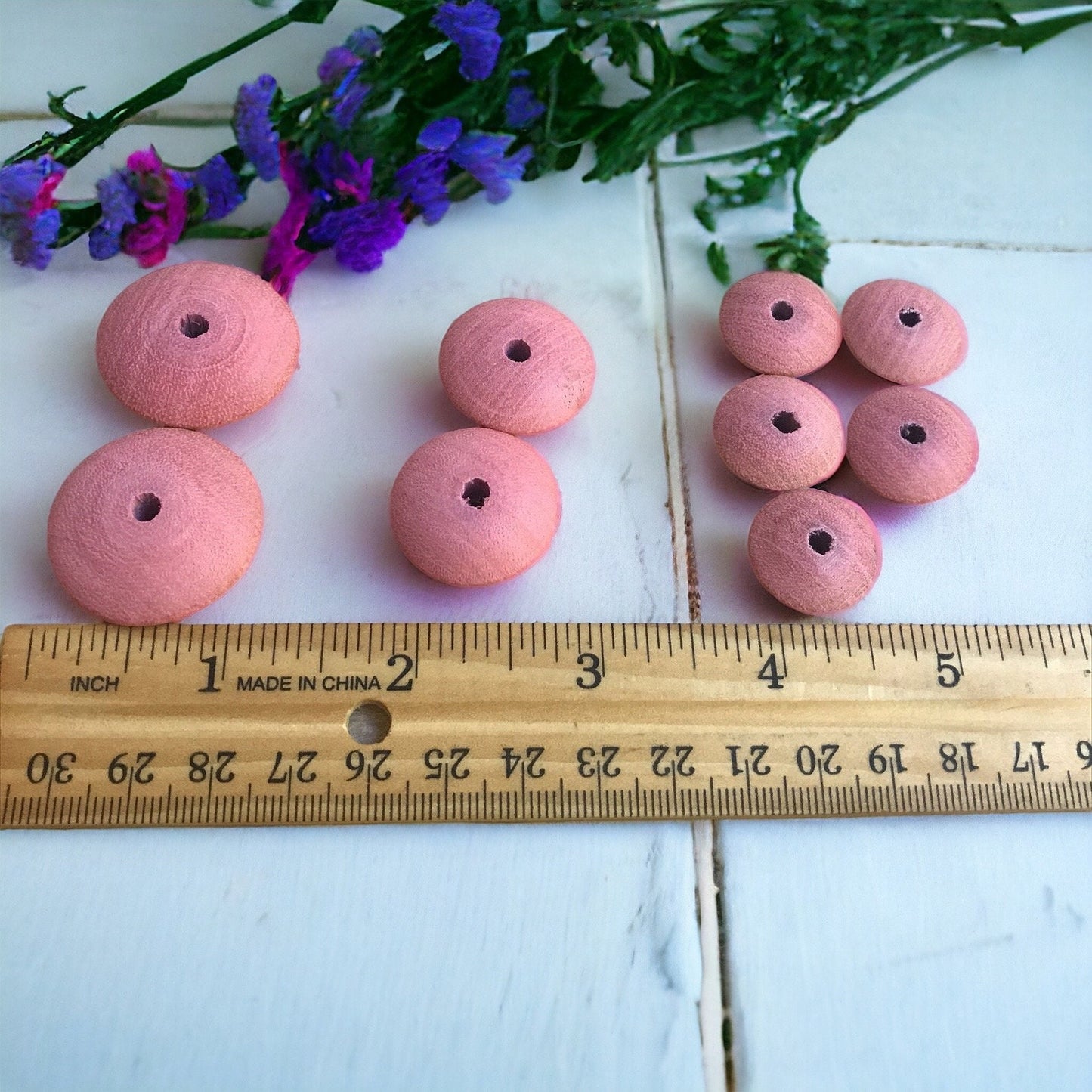 Pink wood saucer-shaped vintage beads - 9 beads total exactly as pictured