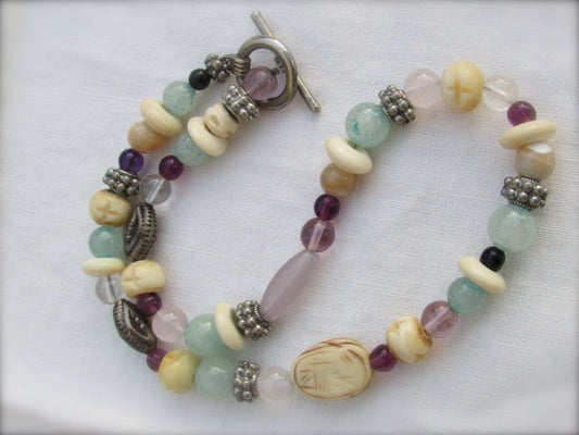 Mixed material artisan vintage necklace - glass, metal, bone, semi-precious stones - the colors are stunning