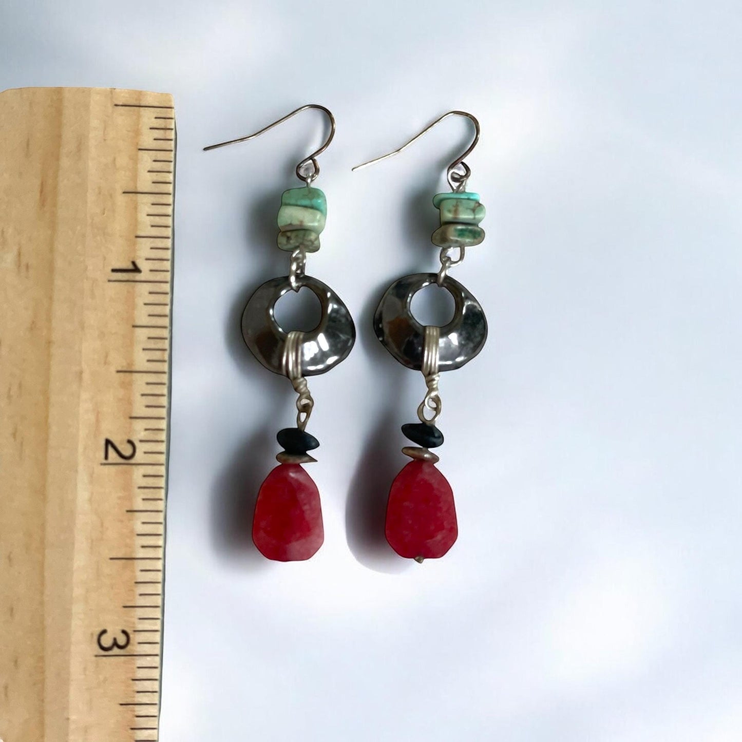Turquoise Chip Dangle Earrings – Upcycled Metal Hoops with wrapped wire and reddish orange Drops, Boho Handmade Jewelry, Gift for Her