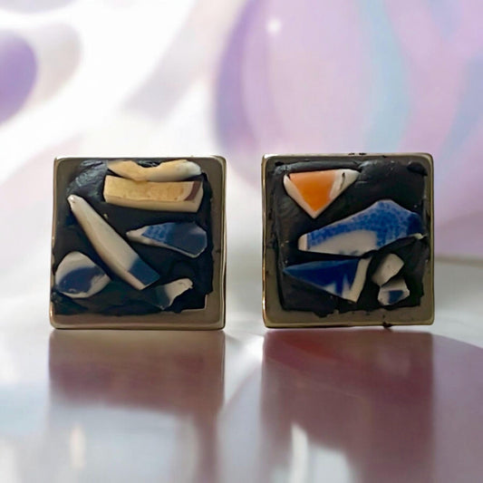 Square Stud Earrings: Vintage Dish Mosaic - Handcrafted Glass