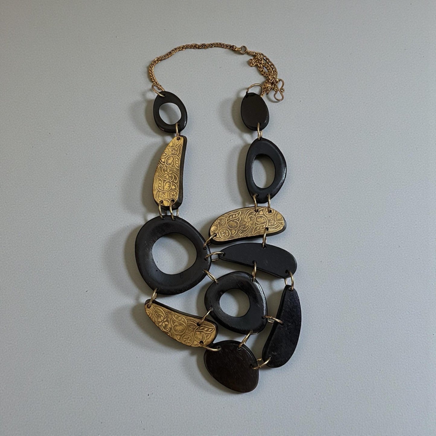 Vintage Wood Statement Necklace | Large Mixed Wood and Brass Tone Links | Boho Artisan Style Necklace | Chunky Wood Jewelry