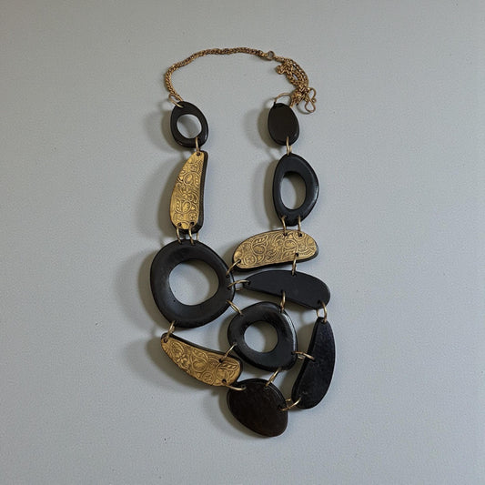 Vintage Wood Statement Necklace | Large Mixed Wood and Brass Tone Links | Boho Artisan Style Necklace | Chunky Wood Jewelry