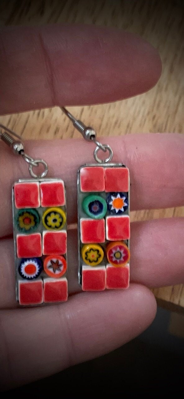 Small handmade micro mosaic glass and tile earrings