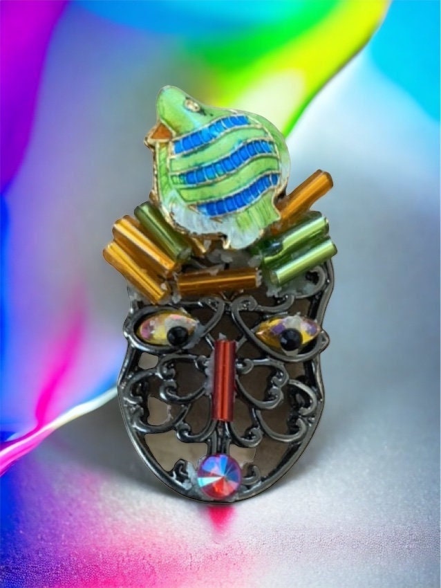 Meet Mr. Fish Head - Assemblage art / mixed media collage - magnet, pin, necklace pendant or Christmas ornament