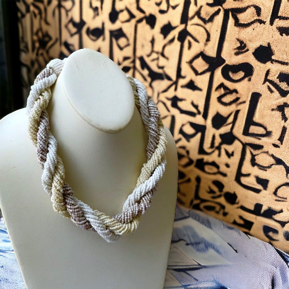 Chunky vintage statement necklace made of thousands of seed beads - with beadwork ball closure - shades of white, cream and grayish tan