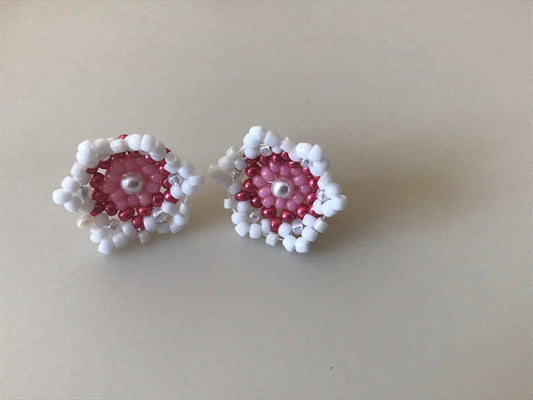 Small little hand beaded beadwork stud earrings - pink and white flowers