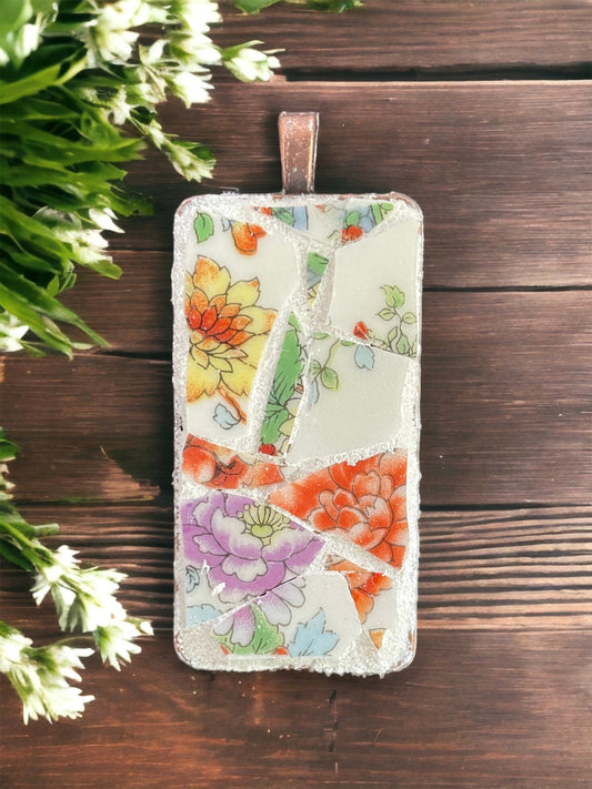 Handmade mosaic floral necklace - made of an upcycled broken vintage plate