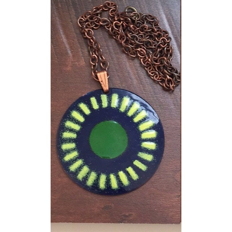 Unique mid century modern vintage enamel on copper necklace - blue, green and yellow