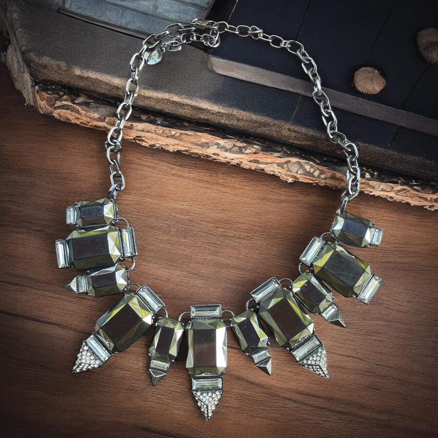 RJ Graziano Statement Necklace, Gunmetal Crystal Bib Necklace with pave rhinestones, Art Deco style Chunky Silver Jewelry, Geometric Glam