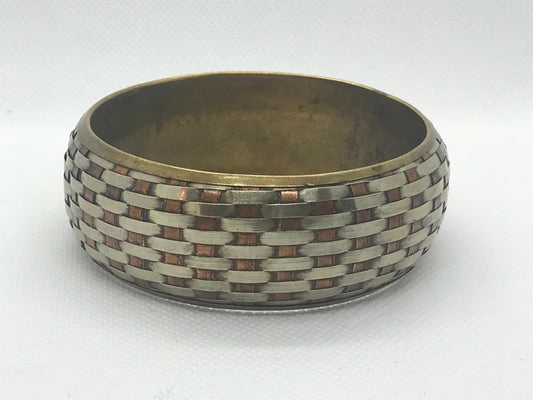 Tri-color metal Basketweave hand woven vintage artisan cuff bracelet