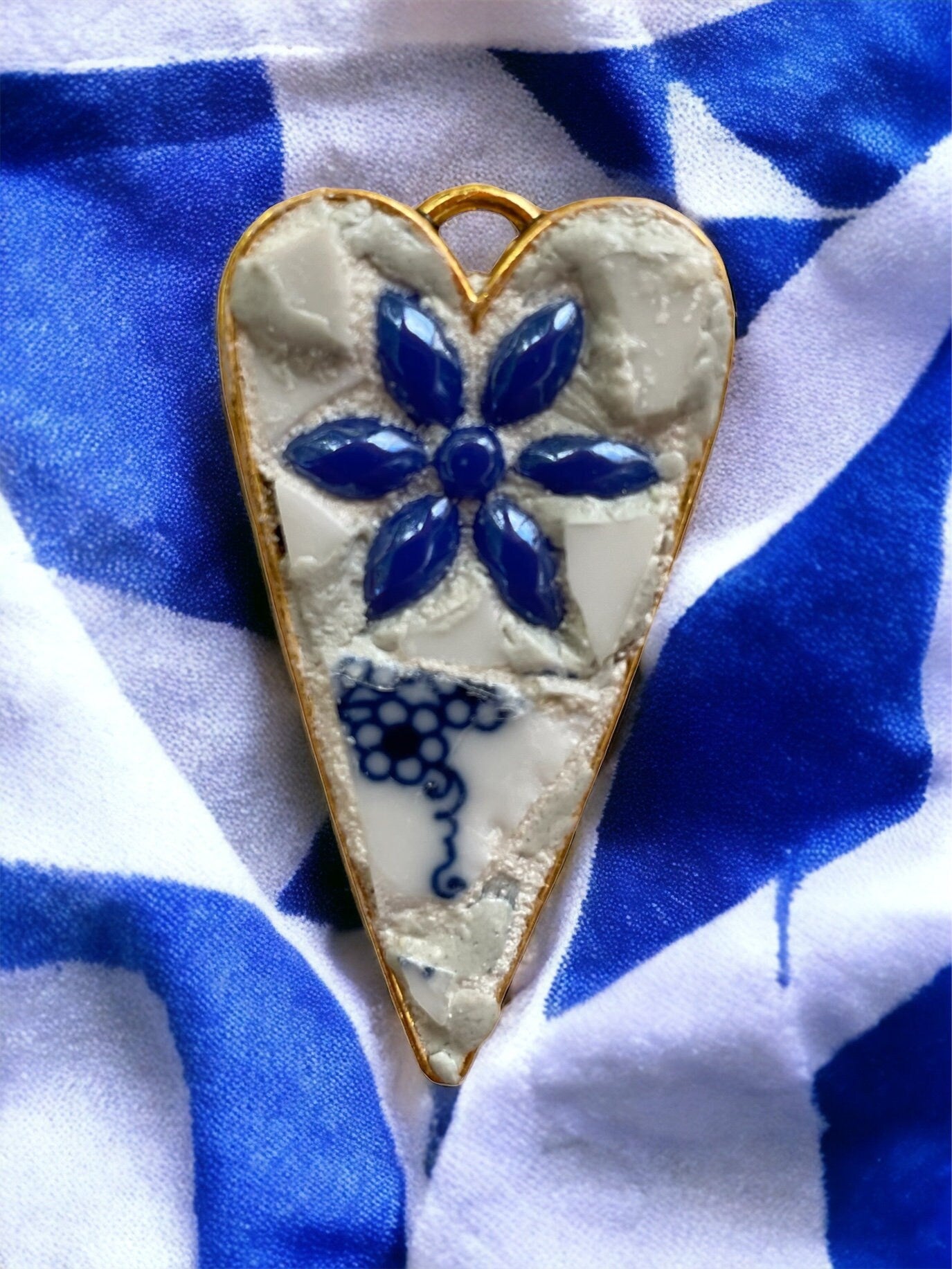 My handmade mosaic heart necklace - made from hand cut pieces of a broken vintage dish