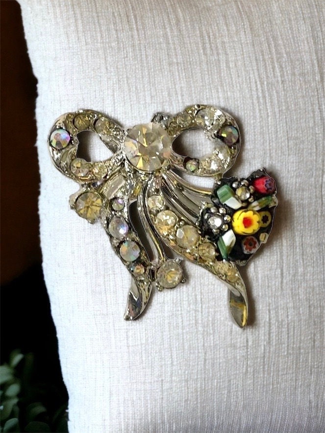 Charming upcycled vintage pin with rhinestones, handcut Italian glass and sweet millefiori flowers and leaves