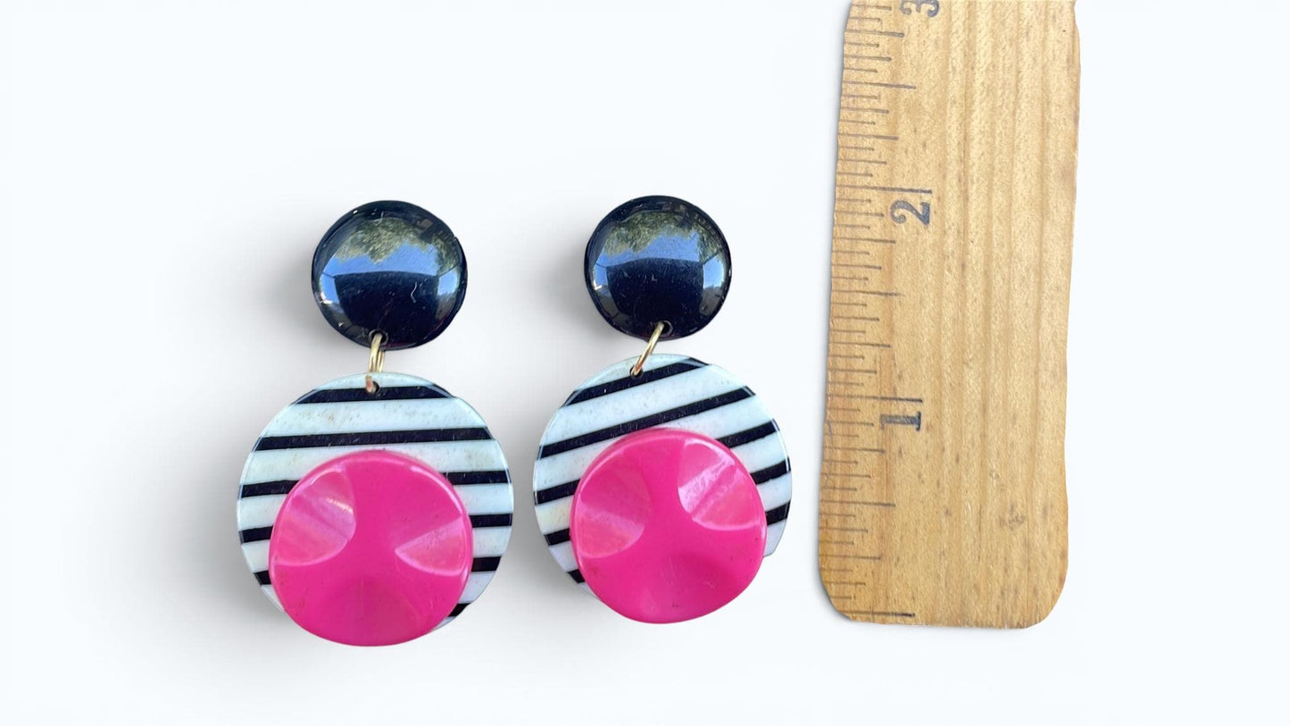 Vintage 1980s Black White Pink Statement Earrings | Bold Geometric Dangle Earrings | Memphis Style Retro Jewelry | Pierced Earrings