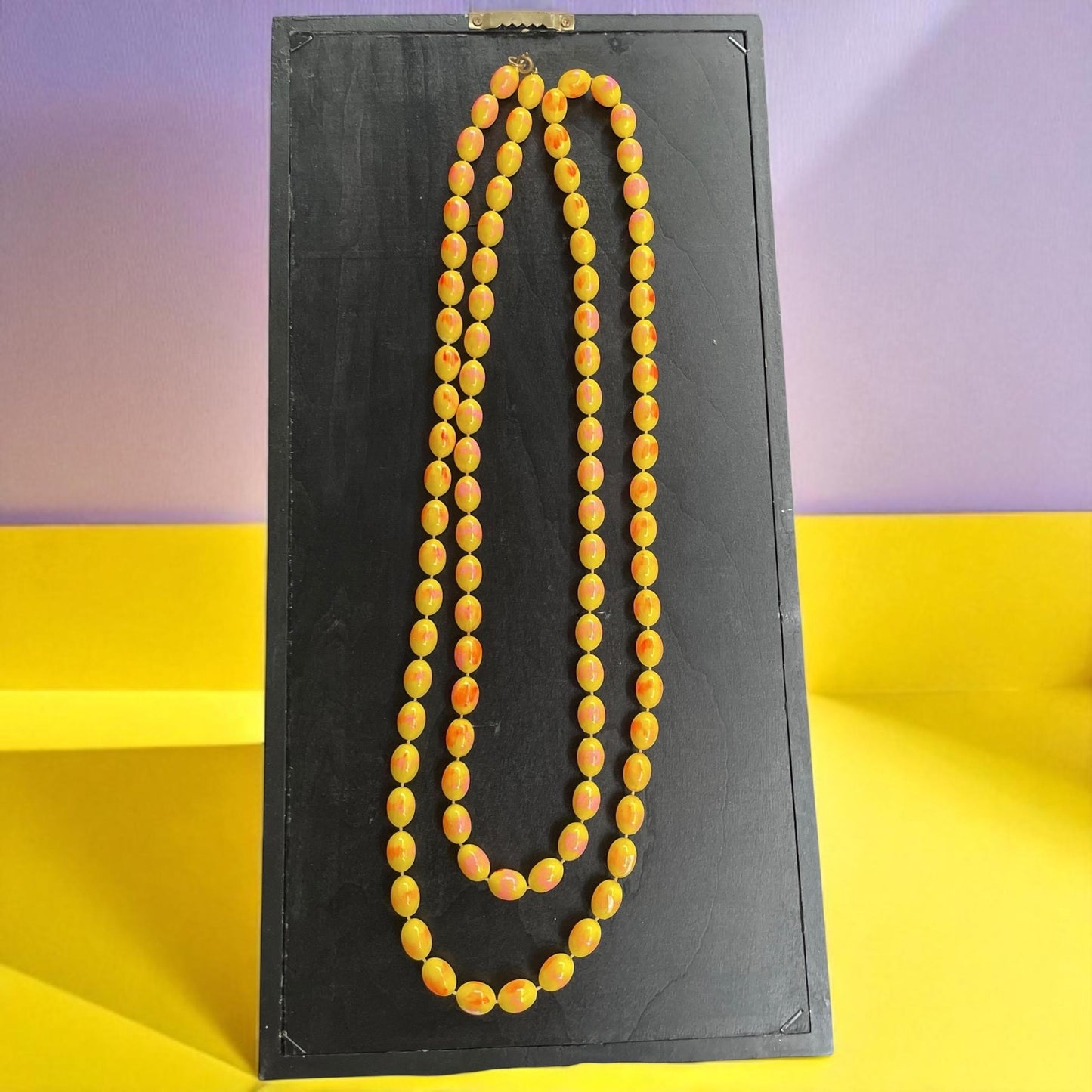 Extra Long Vintage Swirl Necklace Yellow Pink Plastic Fun Retro Statement Jewelry - can be worn doubled