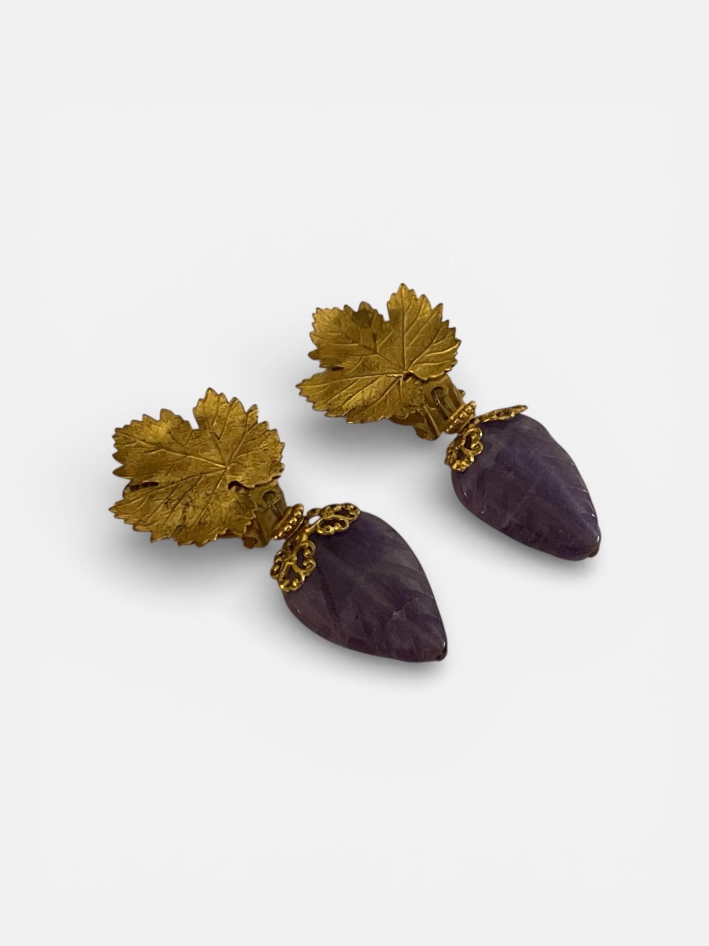 Vintage Goldtone Leaves Clip On Earrings with Carved Amethyst Drops | Retro Statement Jewelry