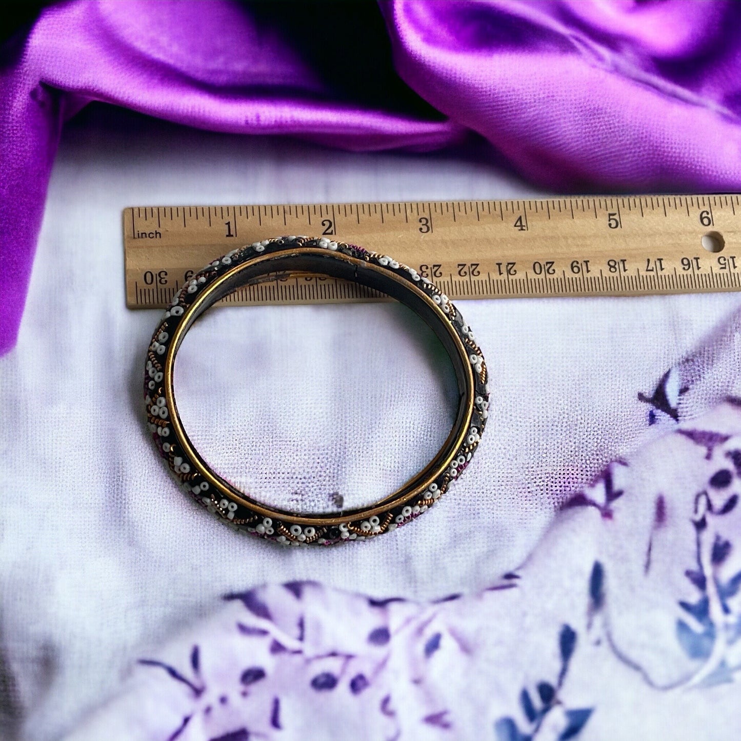 Vintage glittery, sparkly, beaded bangle bracelet - purple, white, gold