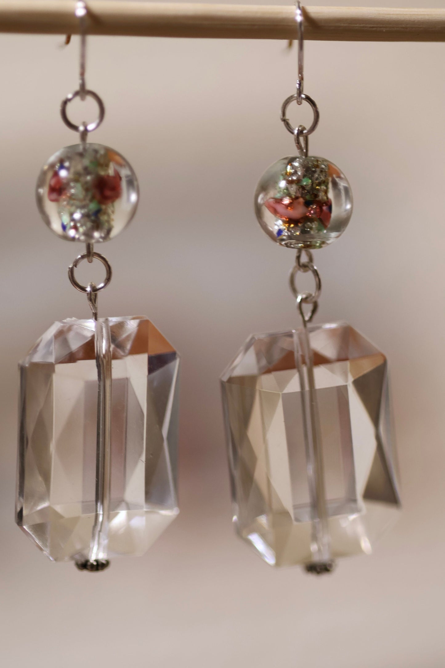 Clear bevel cut acrylic 2" rectangular shaped dangle earrings with Czech foiled lampwork glass floating rose beads