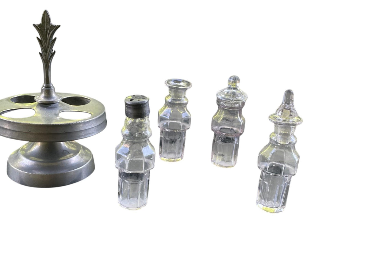 Vintage Glass Cruet Set with Metal Carousel Stand | 4 Piece Condiment Set | Salt Pepper Oil Vinegar Tableware