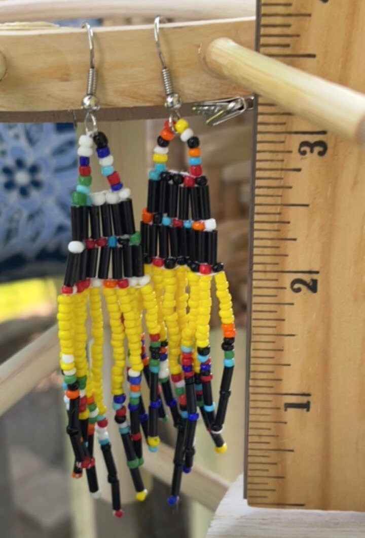 Handmade vintage beadwork dangle earrings - yellow, black and rainbow