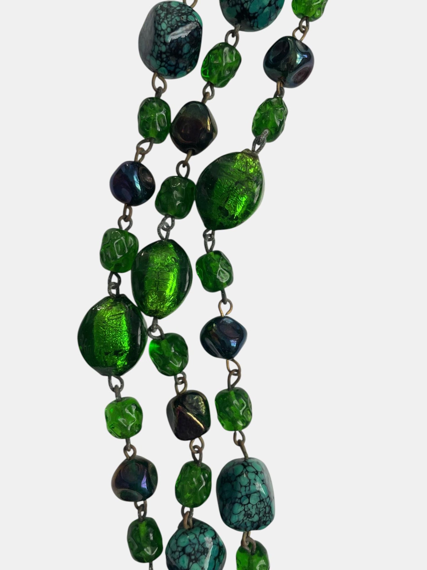 Vintage Emerald Green Glass Necklace, 3 Strand Art Deco Style Statement Necklace, Foil Glass & Turquoise Look Synthetic Beads