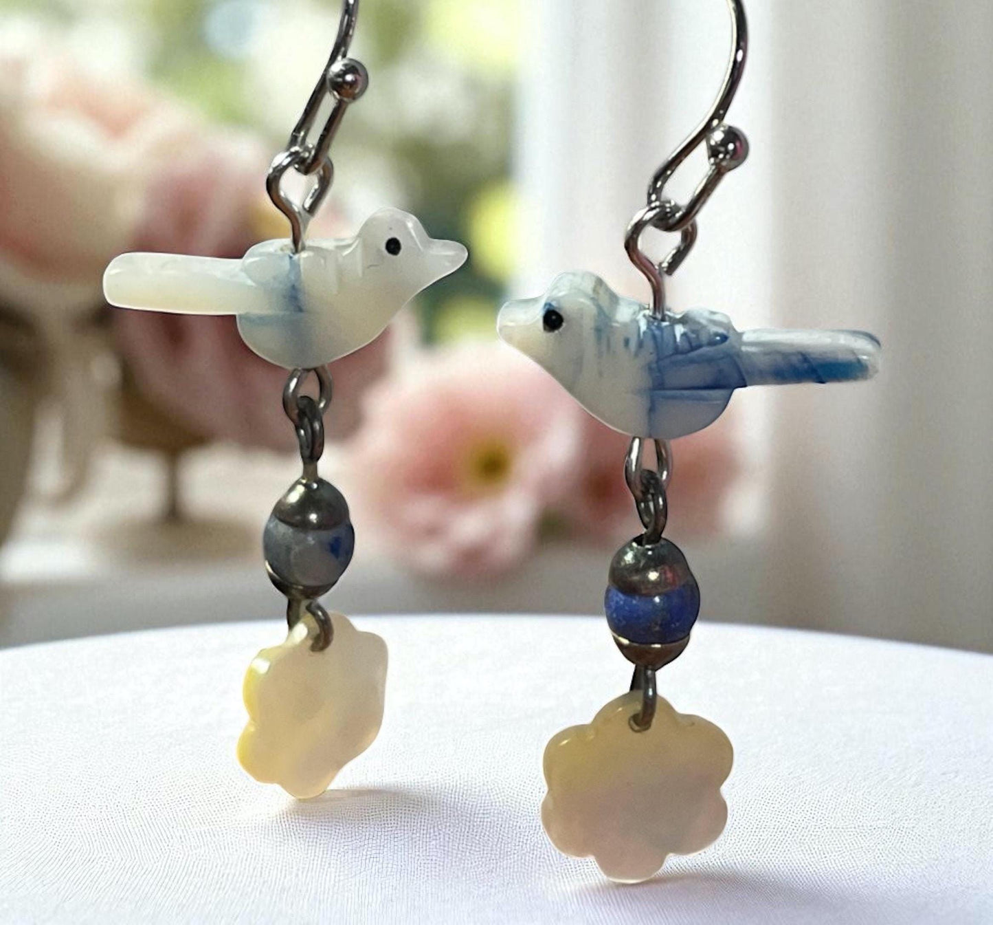 Mother of Pearl Bird Earrings with Blue Glass & Metal Spacers, trimmed with floral mother of pearl | Nature-Inspired Boho Jewelry Gift