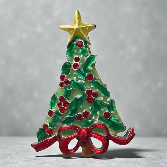 AJMC Christmas Tree Pin • Vintage Enamel Holiday Brooch with Red Rhinestones & Star Topper