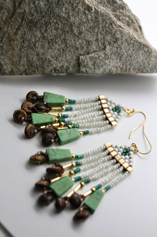 Unique Hand beaded Native-American-Style stunning dangle beadwork earrings - with mixed materials