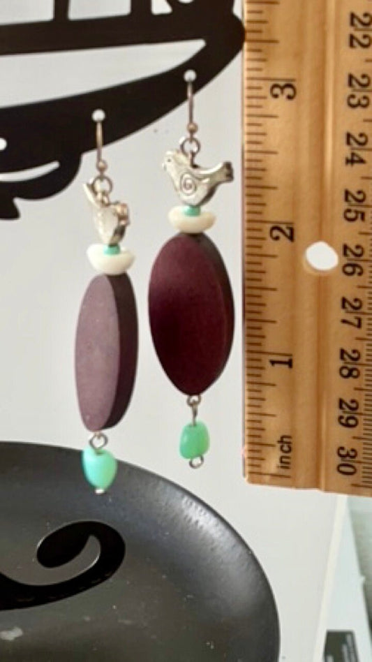 Handmade "Bird Nest" mixed material earrings -metallic birds on oval wood base with turquoise seed beads and milky white vintage glass beads