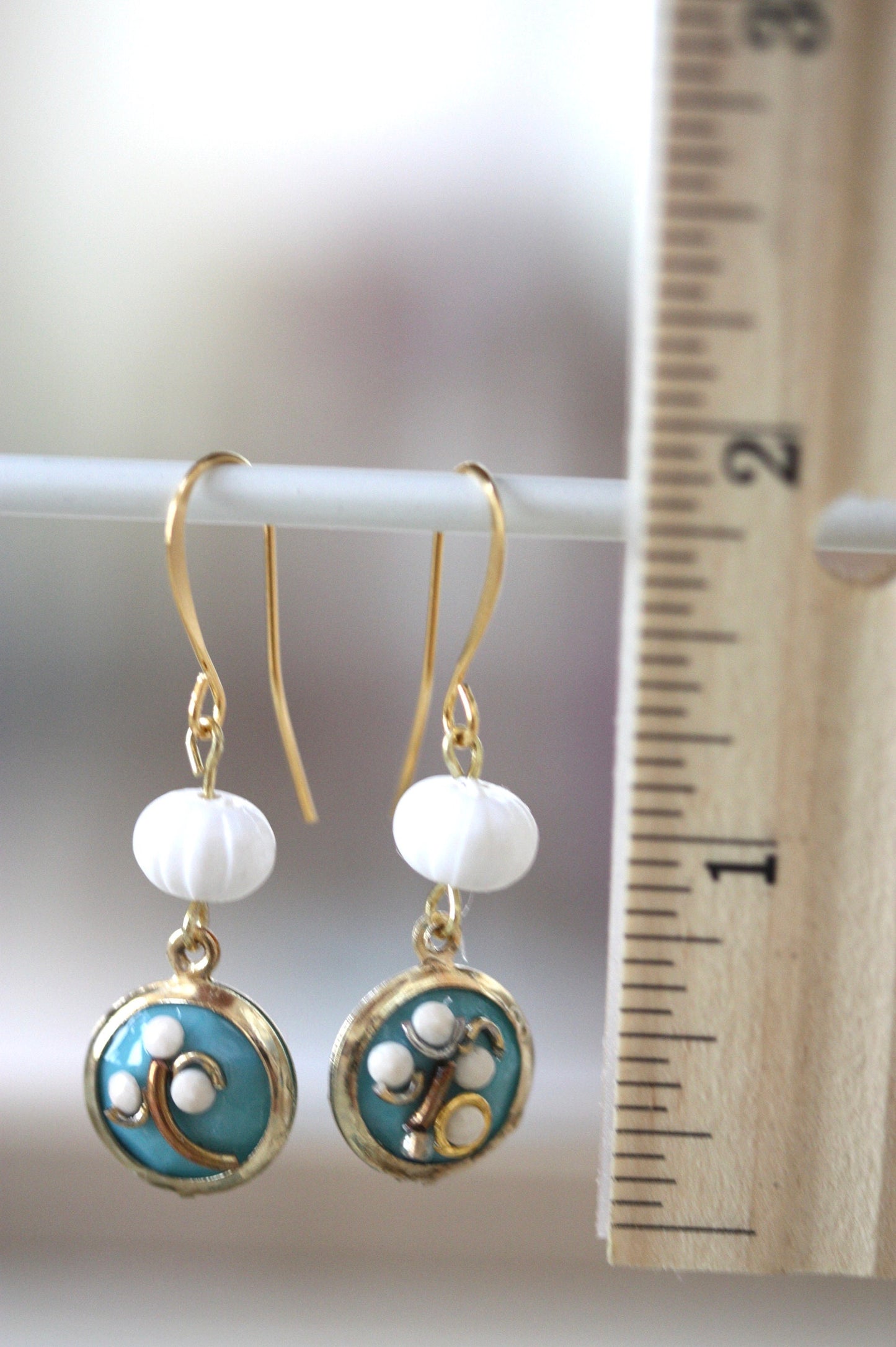 Sweet handmade white dotted blue floral dangle earrings