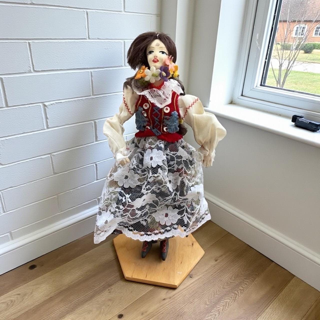 Vintage Polish Folk Doll, Krakow Region Traditional Costume, Embroidered Vest, Lace Apron, Floral Embellishments, collectible - please read
