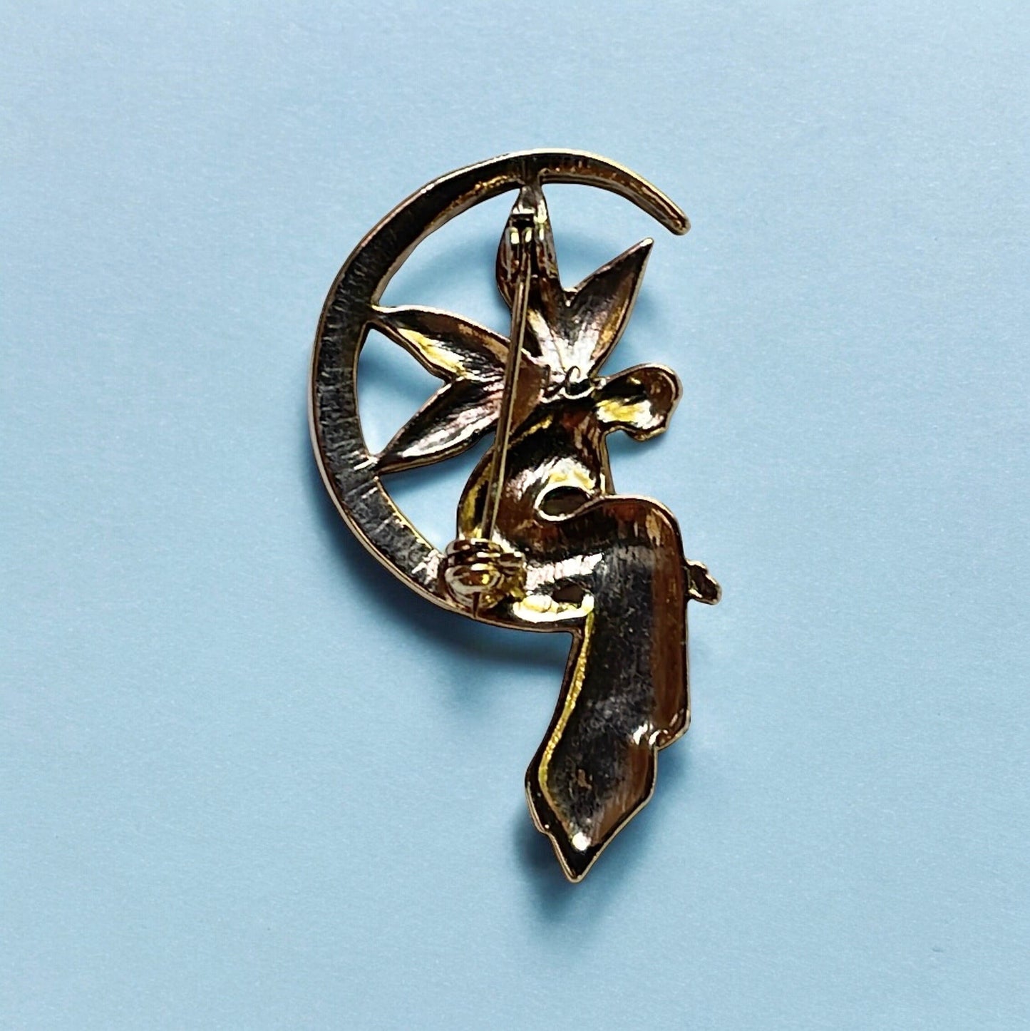 Stunning Vintage Liz Claiborne pin - Fairy Sitting On A Half Moon, Gold Tone, Enamel wings, Brooch