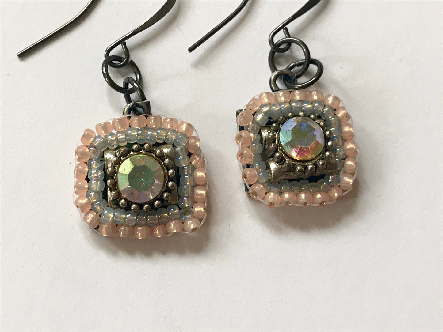 Small dangling handmade crystal and beadwork earrings