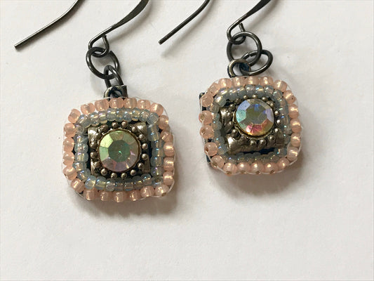 Small dangling handmade crystal and beadwork earrings