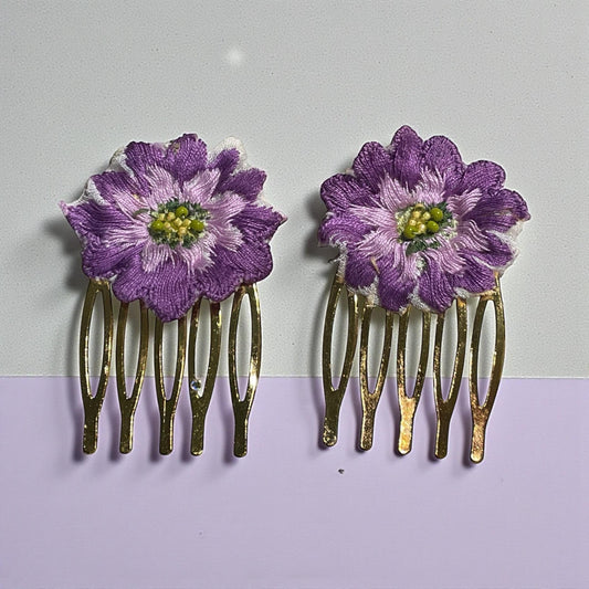 Pair of hair combs made from a vintage linen embroidered table runner and embellished with handmade beadwork centers