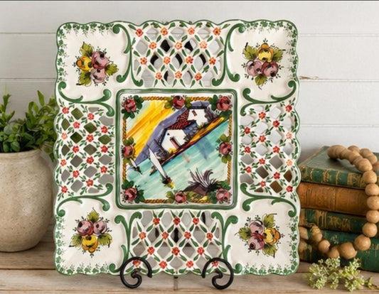 Vintage Alcobaça Portugal Hand Painted Reticulated Serving Dish, 12" Square Pierced Ceramic Platter, Cottage Farmhouse Decor