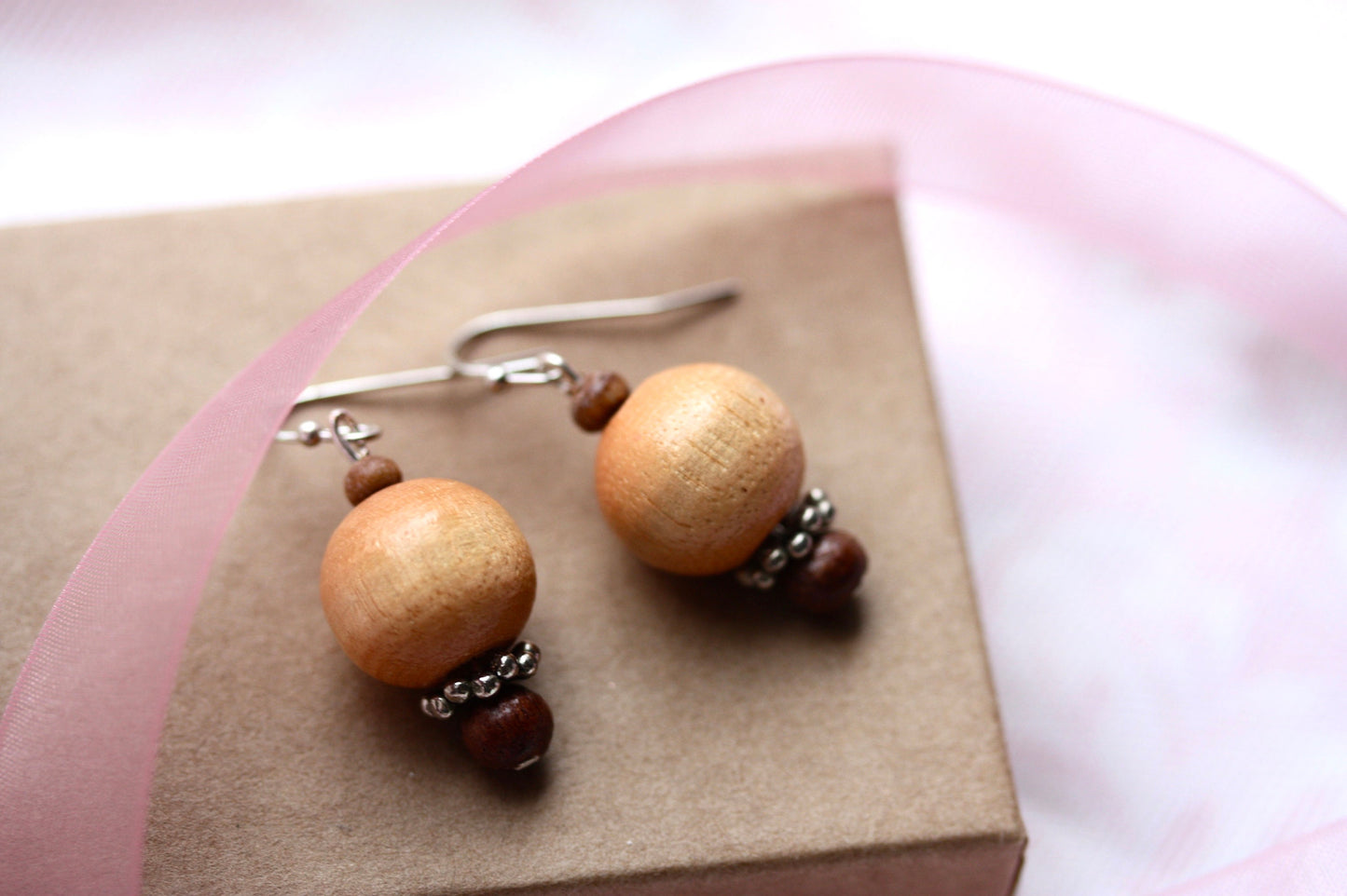 Handmade dangle earrings made with vintage wooden beads