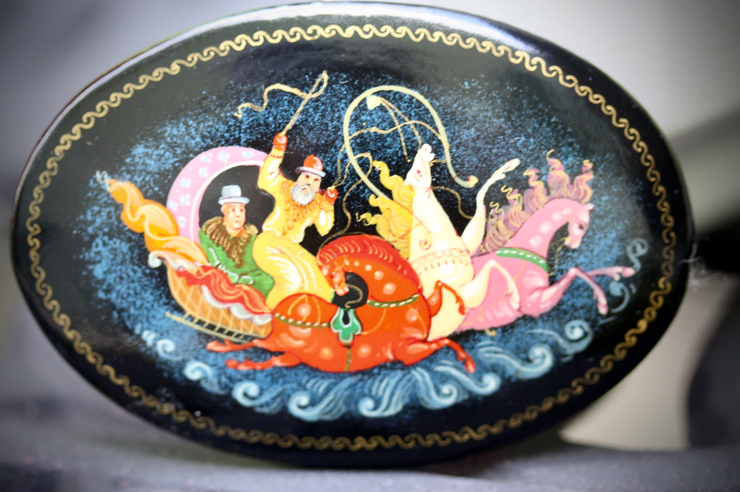 Stunning large hand painted vintage Russian pin - 2 and one-half inches