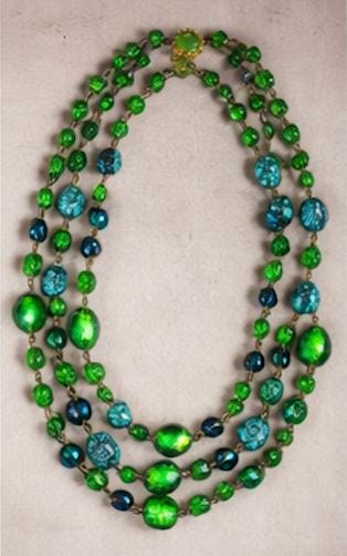 Vintage Emerald Green Glass Necklace, 3 Strand Art Deco Style Statement Necklace, Foil Glass & Turquoise Look Synthetic Beads