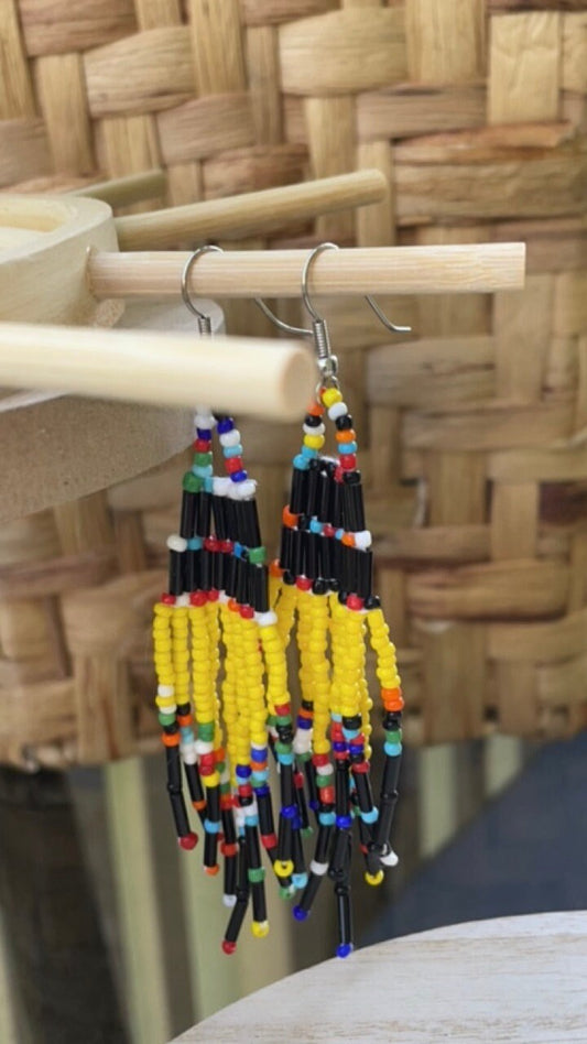 Handmade vintage beadwork dangle earrings - yellow, black and rainbow