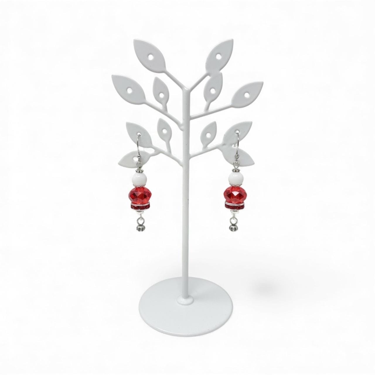 Handmade Red Crystal & White Bead Dangle Christmas Earrings – Sparkly Drop Earrings, Lightweight Beaded Jewelry