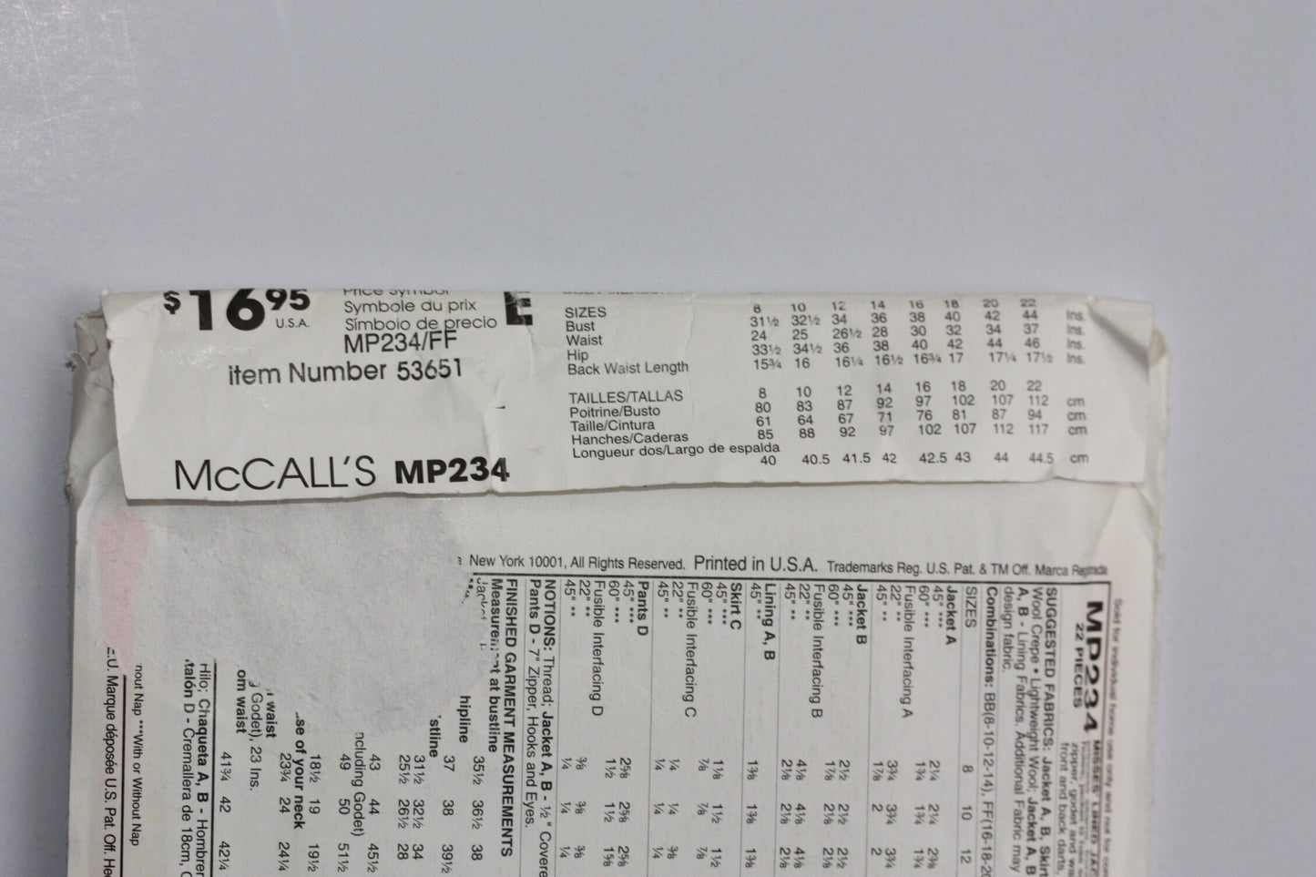 UNCUT Sewing Pattern - McCall’s Sewing Pattern P234 MP234 -  Classic Lined Jacket Skirt Pants Suit - Sizes 16-22