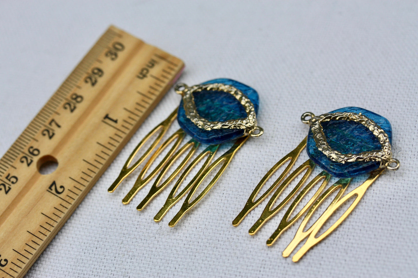 Mid century modern MCM inspired mixed material blue mini metal hair combs - 1" each