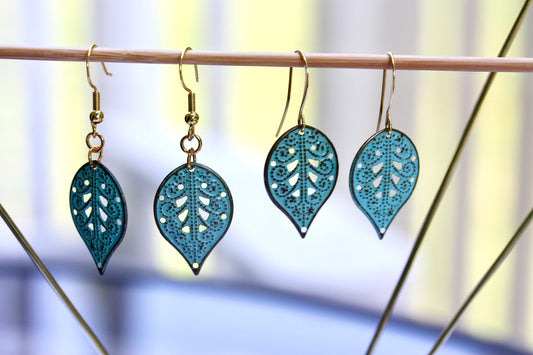 Turquoise patina upcycled dangle leaf earrings