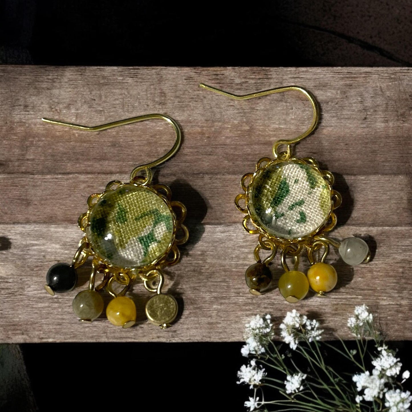 Tiny dangle earrings handmade mixed media earrings made with vintage fabric, glass cabochons, sloped ear wires and tiny dangles