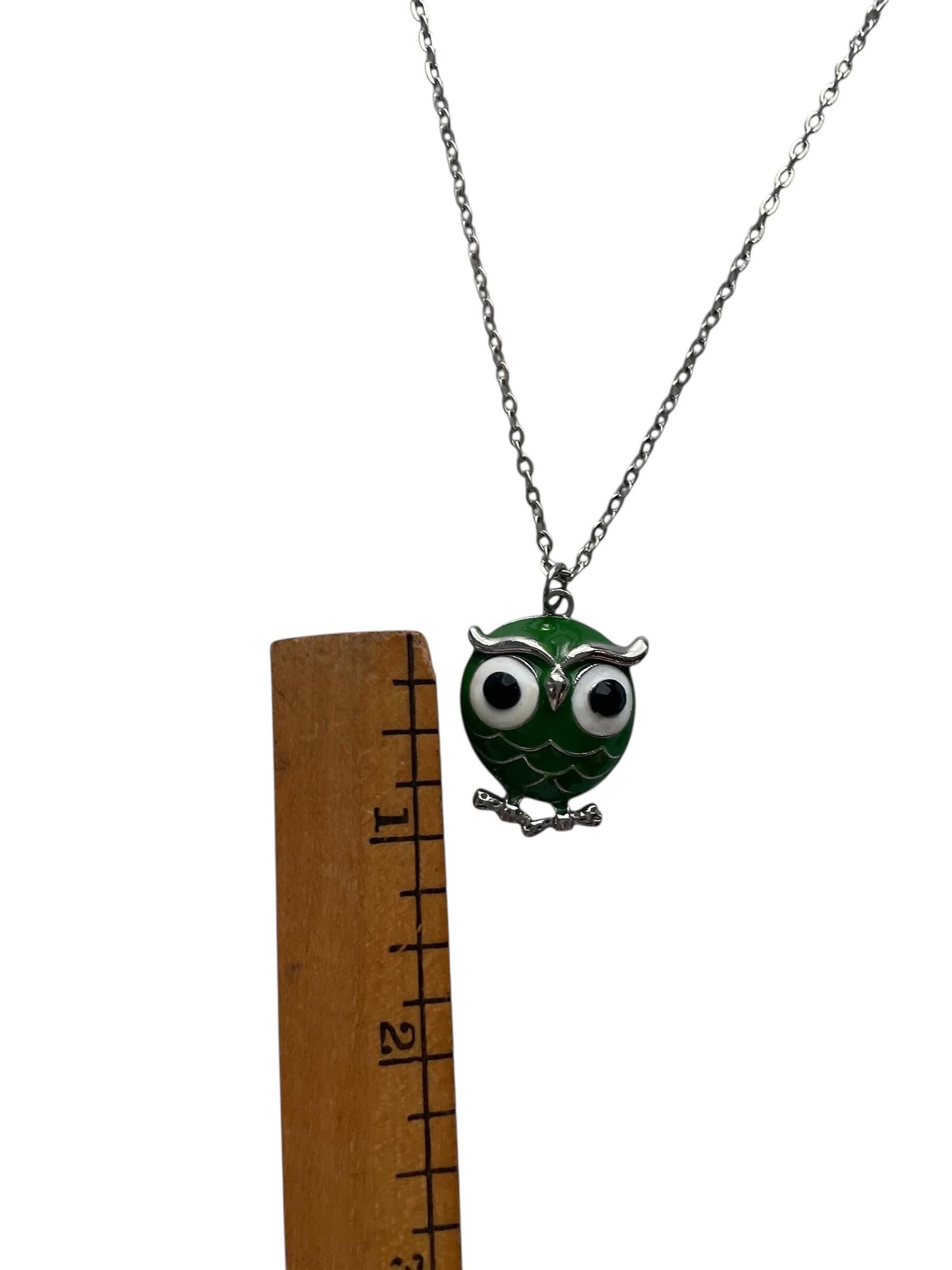 Vintage Green Enamel Owl Necklace Silver Tone Chain Cute Animal Pendant
