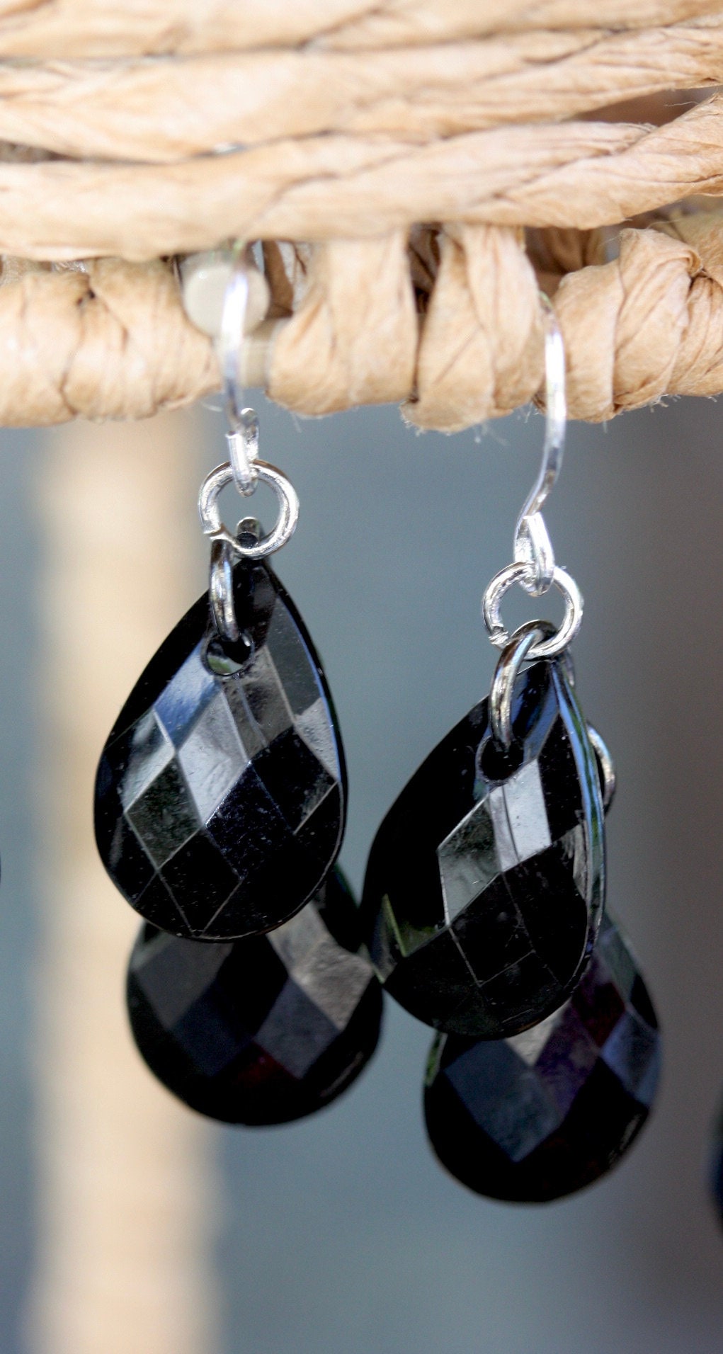 Black faceted teardrop dangle earrings - your choice: one drop, two drops or three drops